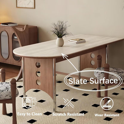 63"-71"Modern Farmhouse Dining Table, Oval White Top with Natural Wood Base for Kitchen