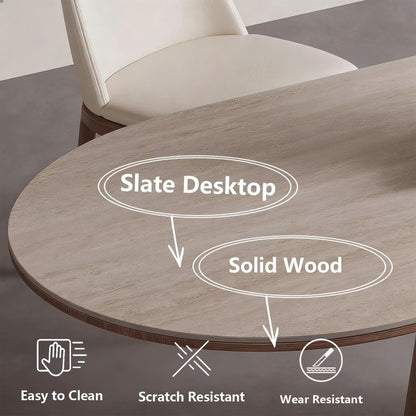 63"-79"Mid-Century Oval Dining Table, White Sintered Stone Top with Walnut Pedestal Base