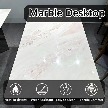 63"-79"Luxury Rectangular Marble Dining Table, Contemporary White Kitchen Table with Sleek Stainless Steel Base