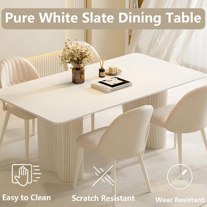 62"-78"Cream White Dining Table, Matte Top with Fluted Pedestal Bases for 4-6 People