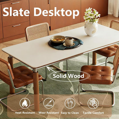 63"-79"Mid-Century Dining Table, White Top with Wood & Chrome Metal Legs for 4-6