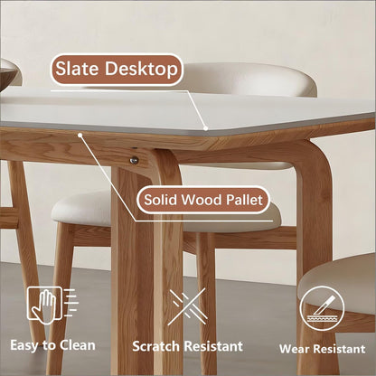 63"-79"Modern Rectangular Dining Table with White Sintered Stone Top & Natural Wood Legs, Seats 4-6