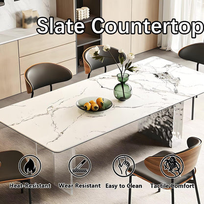 63"-71"Luxury Rectangular Dining Table, Glossy White Marble Top with Clear Acrylic & Silver Base for 6