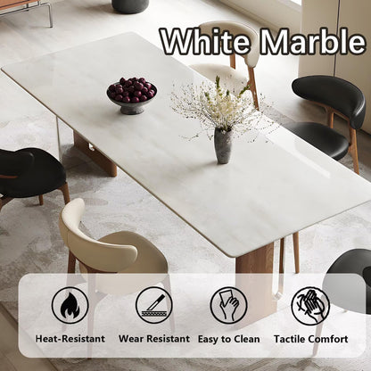 63"-79"Modern White Marble Dining Table with Wood Legs, Rectangular Kitchen Table for 6 People, Mid-Century Style