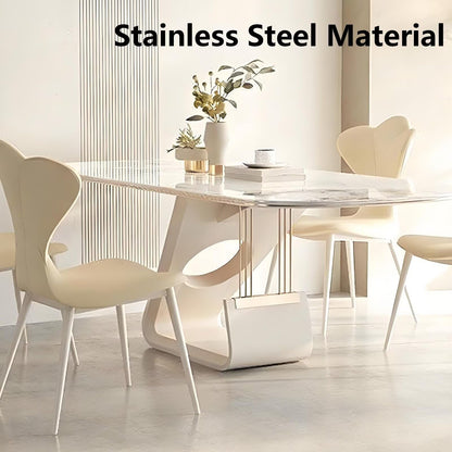 63"-79"Luxury Cream Dining Table, White Marble Top with Sculptural Base for 6 People