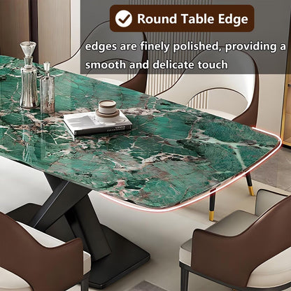 63"Luxury Dining Table, Green Marble Top with Matte Black Cross Base