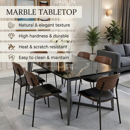 63"-79"Luxury Black Marble Dining Table, Sleek Metal Base for Contemporary Dining Room