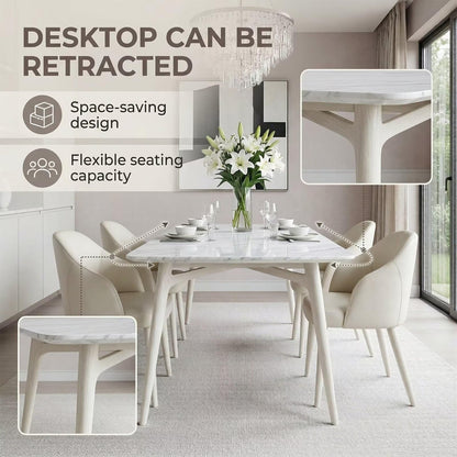 63"-79"Modern White Dining Table, Marble Top with Matching White Tapered Legs