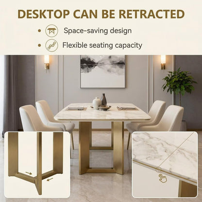 63"-79"Luxury Rectangular Dining Table, White Marble Top with Sleek Gold Metal Legs