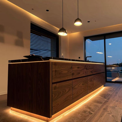 63“-79”Black Marble Kitchen Island with Wood Cabinet & LED Lighting, Modern Kitchen Counter