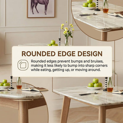 63"-79"White Marble Dining Table with Wood Legs, Modern Rectangular Mid-Century Kitchen Table