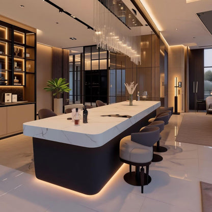 63"-79"White Marble Kitchen Island Bar with LED Lighting, Modern Counter with Rounded Corners