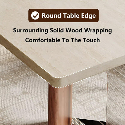 63"-79"Neutral Tone Dining Table, Beige Top with Geometric Wood & Metal Base