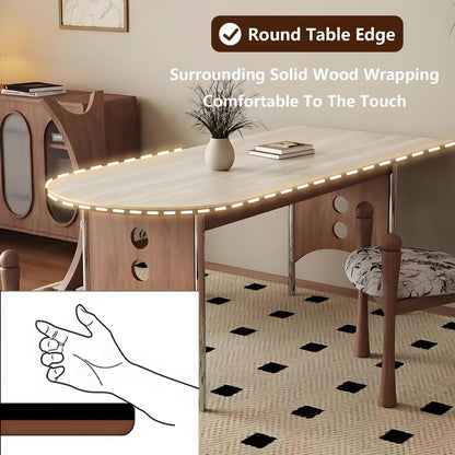 63"-71"Retro Oval Dining Table, White Top with Wood & Chrome Metal Legs