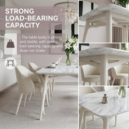 63"-79"White Marble Dining Table, Modern Rectangular Kitchen Table with All-White Legs