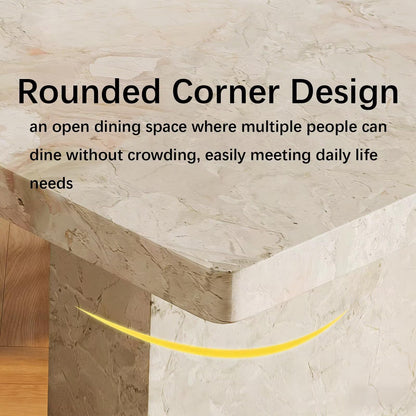 63"-79"Cream Marble Dining Table, Modern Rectangular Table with Chunky Stone Base