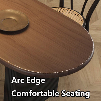 63"-79"Mid-Century Oval Dining Table, Walnut Wood Top with Black Fluted Legs for Kitchen