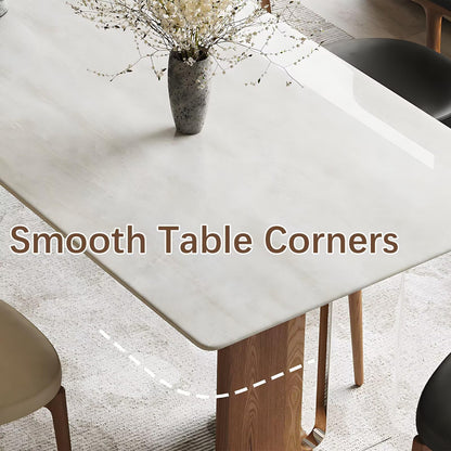 63"-79"Modern White Marble Dining Table with Wood Legs, Rectangular Kitchen Table for 6 People, Mid-Century Style