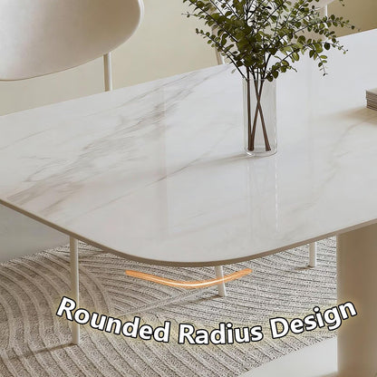 63"-71"Modern Cream Dining Table, White Marble Sintered Stone Top with Single Pedestal Base