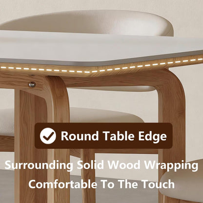 62"-78"Modern Dining Table, White Sintered Stone Top with Natural Wood U-Shaped Legs