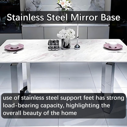 63"-79"Luxury Rectangular Marble Dining Table, Contemporary White Kitchen Table with Sleek Stainless Steel Base
