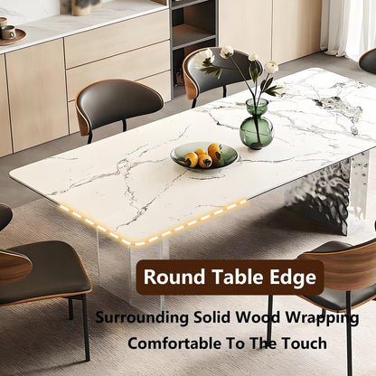 63"-71"Luxury Rectangular Dining Table, Glossy White Marble Top with Clear Acrylic & Silver Base for 6