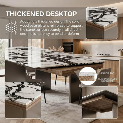 63"-79"Black & White Marble Dining Table, Modern Rectangular Kitchen Table with Black Base