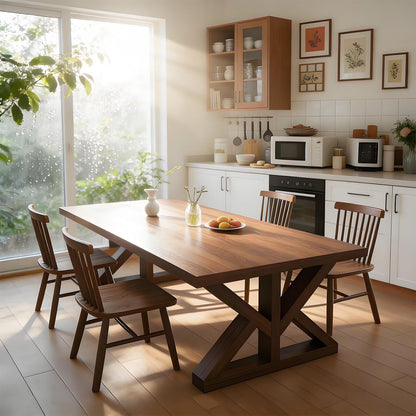 63"Rustic Solid Wood Dining Table, Rectangular Farmhouse Kitchen Table with Cross Base for 4-6 People