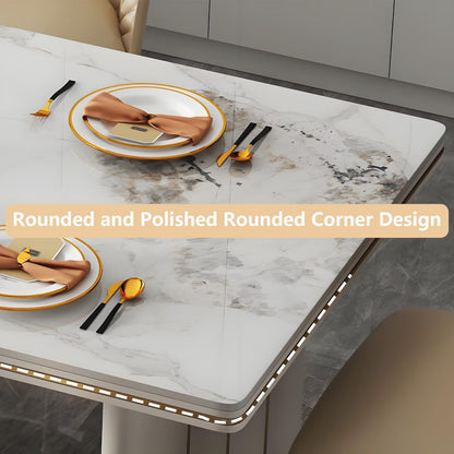 62"-78"Elegant White Marble Dining Table with Gold Trim, Sturdy Base for Dining Room