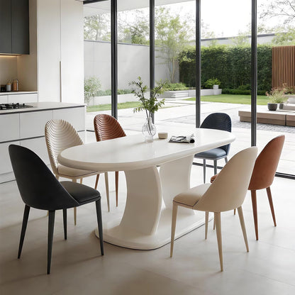 62"-78"Cream White Oval Dining Table, Modern Glossy Finish Table for 6 People