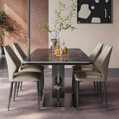 63"-79"Contemporary Statement Dining Table, Glossy Dark Marble Top with Sculptural Metal Leg