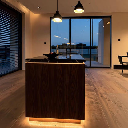 63“-79”Black Marble Kitchen Island with Wood Cabinet & LED Lighting, Modern Kitchen Counter