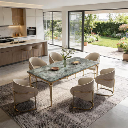 63"-79"Modern Green Marble Dining Table with Gold Frame for Contemporary Dining Room
