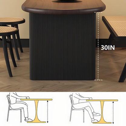 63"-79"Retro Wood Dining Table, Oval Walnut Top with Black Ribbed Base