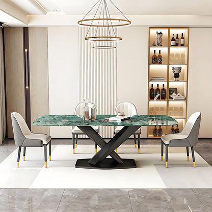 63"Luxury Dining Table, Green Marble Top with Matte Black Cross Base