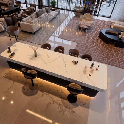 63"-79"White Marble Kitchen Island Bar with LED Lighting, Modern Counter with Rounded Corners