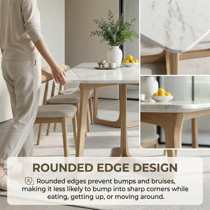 63"-79"Modern Rectangular Dining Table, Marble Top with Natural Oak Cross Base