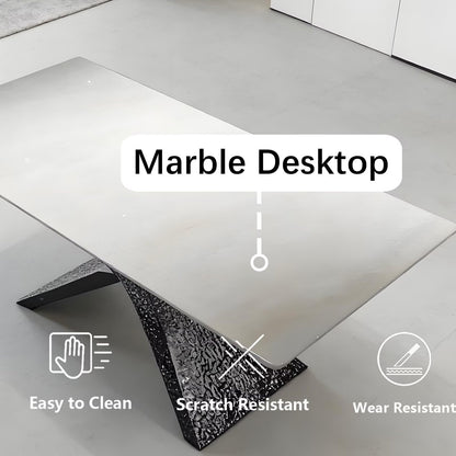 63"-79"Minimalist Dining Table, Glossy White Tabletop with Black Water Ripple Base
