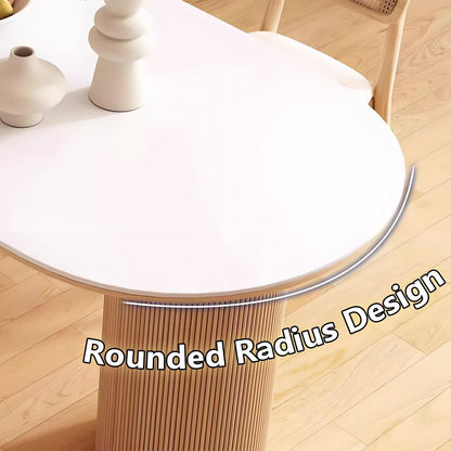 63"-71"Japandi Style Dining Table, White Sintered Stone Top with Fluted Wood Base for 4-6