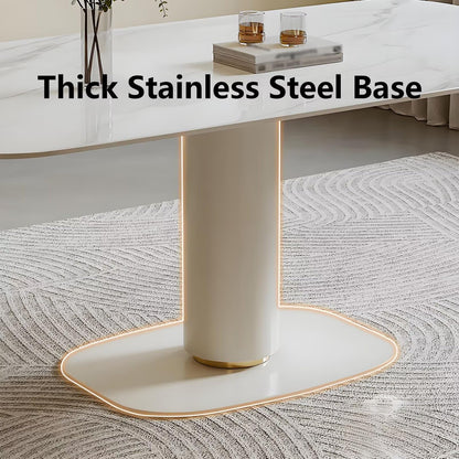 63"-71"Modern Cream Dining Table, White Marble Sintered Stone Top with Single Pedestal Base