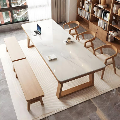 62"-78"Scandinavian Dining Table, Large White Marble Top with Natural Wood Legs