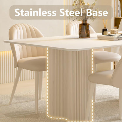 62"-78"Cream White Dining Table, Matte Top with Fluted Pedestal Bases for 4-6 People