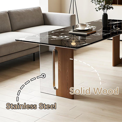 63"-79"Luxury Contemporary Dining Table, Black Marble Top Kitchen Table with Walnut & Chrome Base