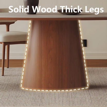 63"-79"Modern Dining Table, Oval Stone Top with Solid Wood Cone Base