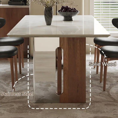 63"-79"Modern White Marble Dining Table with Wood Legs, Rectangular Kitchen Table for 6 People, Mid-Century Style