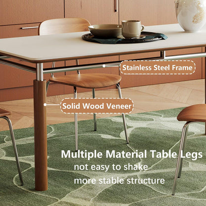 63"-79"Mid-Century Dining Table, White Top with Wood & Chrome Metal Legs for 4-6