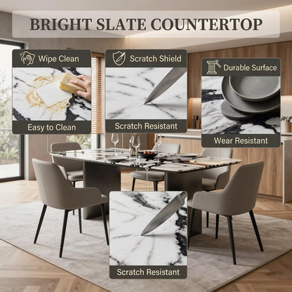 63"-79"Black & White Marble Dining Table, Modern Rectangular Kitchen Table with Black Base