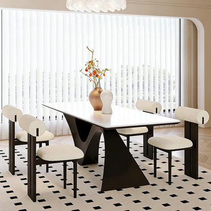 63"-79"Elegant Minimalist Dining Table, White Top with Abstract Curved Black Legs for 4-6