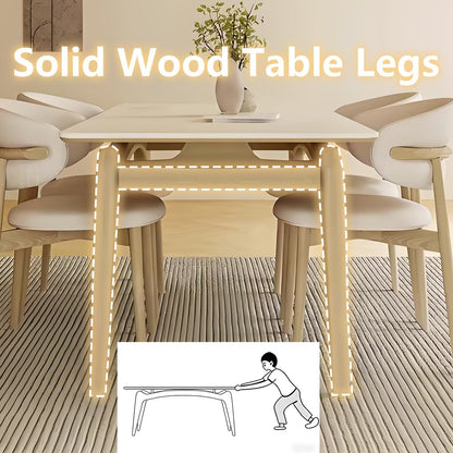 63"-71"Modern Cream Dining Table, Rectangular White Top with Natural Wood Legs for 4-6 People