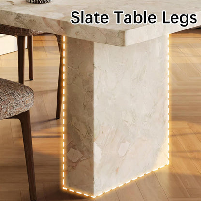 63"-79"Cream Marble Dining Table, Modern Rectangular Table with Chunky Stone Base